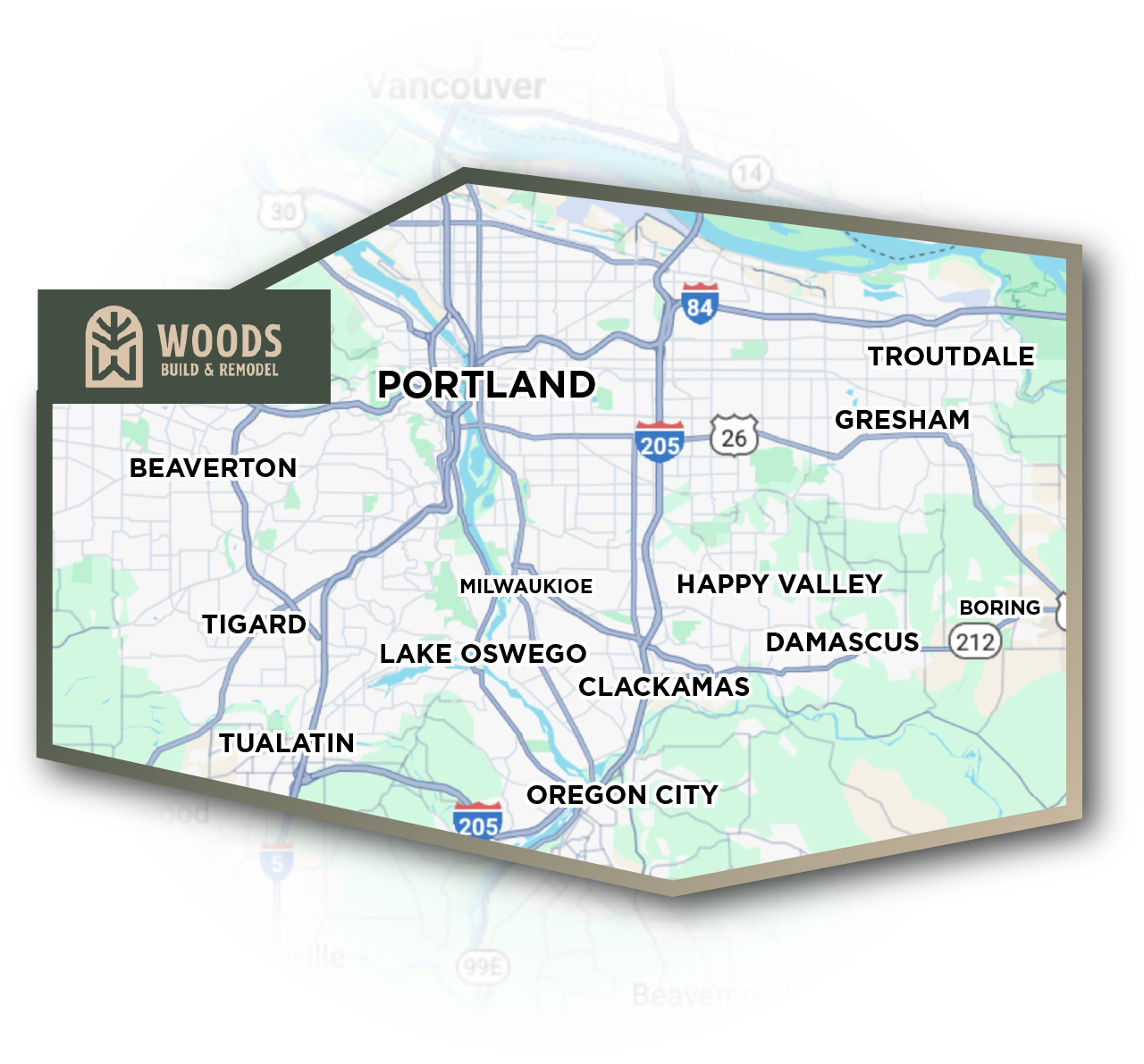 Map of the Portland Metro service area covered by Woods Build & Remodel